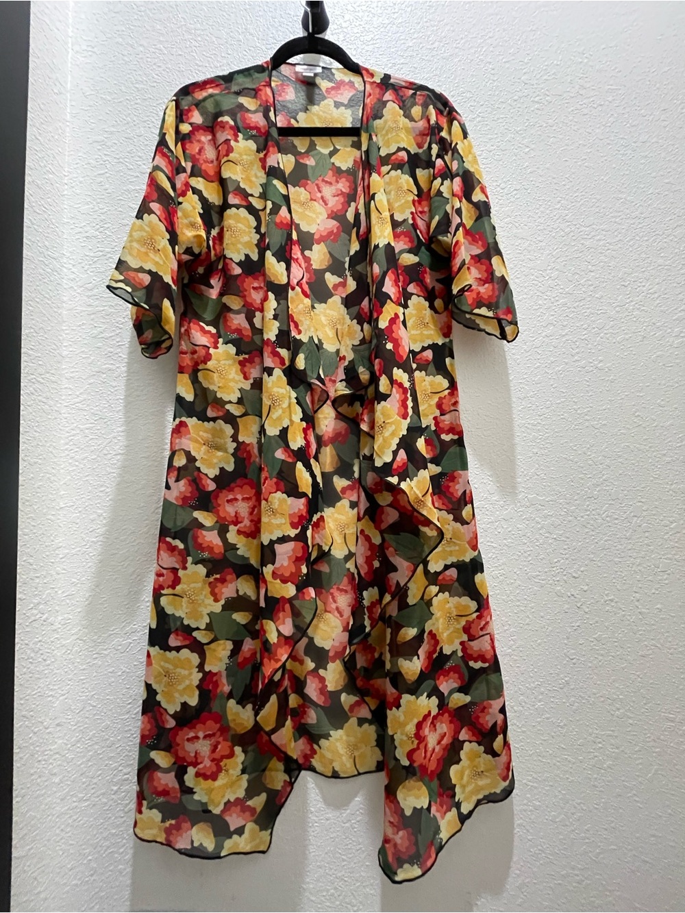 LuLaRoe Shirley Kimono - Yellow & Red Blooms on a Black Background